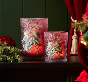 Glass mistletoe candle holder set in red frosted glass, two sizes