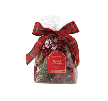 Smell of Christmas Potpourri Bag by Aromatique; clear bag with red plaid ribbon and visible berries.