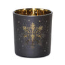 Black glass votive holder by Melrose, gold snowflake pattern, 2.75 in diameter by 3 in tall.
