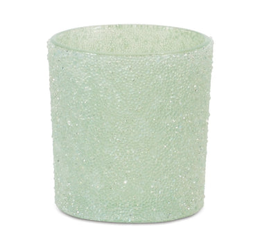 Glass frosted sage votive holder Melrose, 3 in diameter and 3.25 in high.