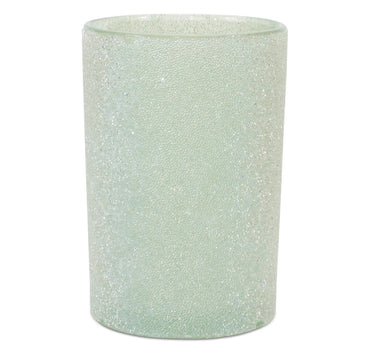 Glass frosted sage candle holder with silver glitter finish.