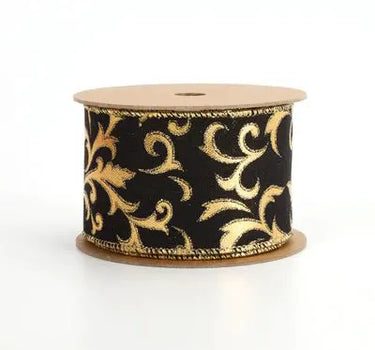 La Ribbons Wired Ribbon, Metallic Brocade Black/Gold 2.5" x 10Yd - Satin Ribbons Ribbon