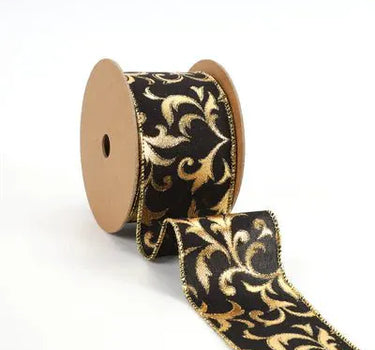 La Ribbons Wired Ribbon, Metallic Brocade Black/Gold 2.5" x 10Yd - Satin Ribbons Ribbon