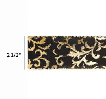 La Ribbons Wired Ribbon, Metallic Brocade Black/Gold 2.5" x 10Yd - Satin Ribbons Ribbon