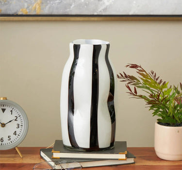 Black/White Striped Glass Vase 6"W x 12"H