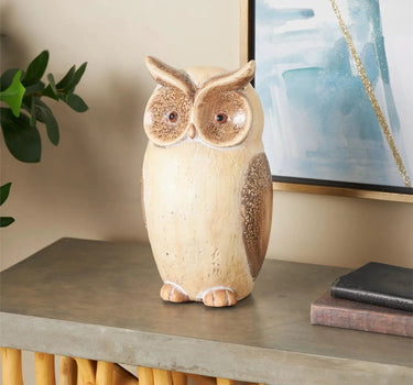 Deco Marché Cream Owl Garden Sculpture With Brown Accents 7" x 6" x 15" - Garden Sculptures Merchandise
