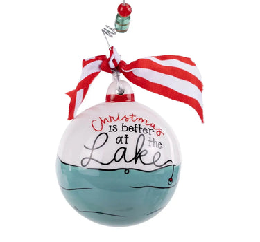 Glory Haus Boat & Presents Ornament, 6-inch round lake scene Christmas ornament with red ribbon