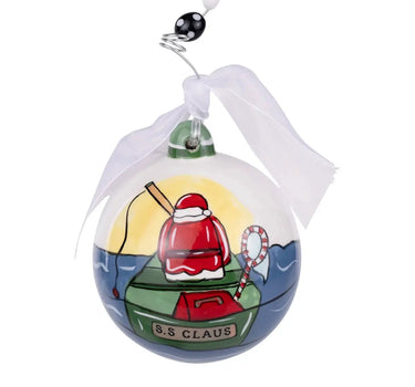 Glory Haus Lake Life with Santa Ornament, 6-inch holiday ornament featuring Santa on a green boat