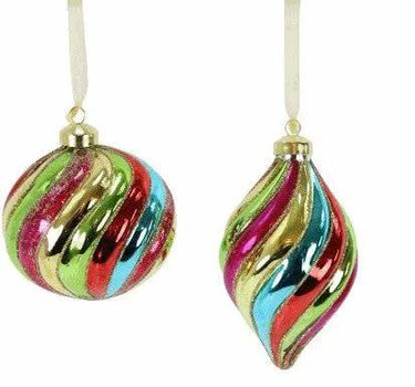 Direct Export Glass Swirl Ball or Drop Orn (2 Asst) Rainbow 4" - Holiday Ornaments Merchandise