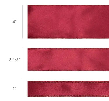 Ribbon: wine wired shimmer satin ribbons in three widths 1 in, 2.5 in, and 4 in