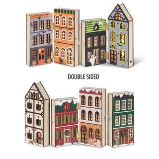 Lit Double Sided Halloween/Christmas Wood House With 6/18 Hour Timer B/O 14.4"L