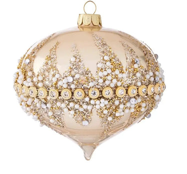 Gold beaded Christmas ornament, 4-inch Raz decor featuring white beads and crystal accents