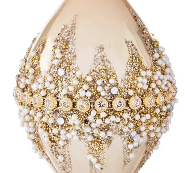 Gold beaded ornament 4-inch with white bead accents and crystal trim for holidays