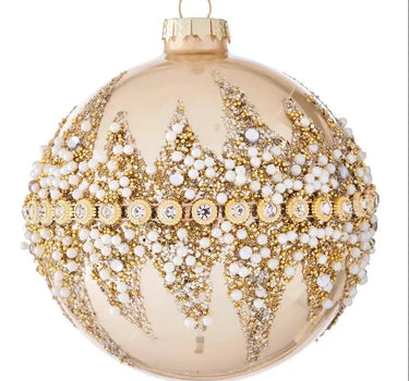 Gold beaded ornament by Raz, 4-inch holiday ornament with white pearls and gold glitter