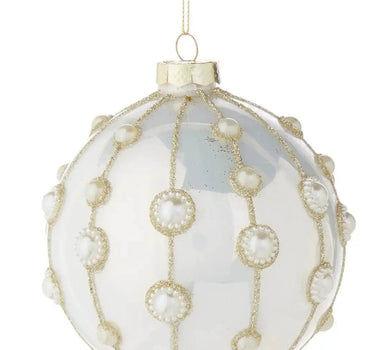 Pearl Embellished Ornament set of 2, 4 inch, white holiday ornament with gold glitter bead accents