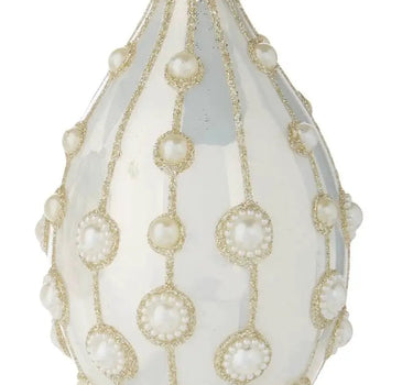 Pearl Embellished Ornament pair, white glass with gold glitter beaded lines and pearl accents, Raz brand, 4-inch