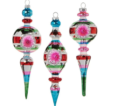 Striped vintage finial ornament trio by Raz, 8.5in glass with multicolor stripes and pink center accents