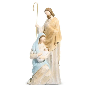 Holy Family figurine by Raz, 14.5" tall, wooden-look Nativity sculpture of Mary, Joseph and baby Jesus.