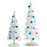 Two white bottle brush Christmas trees with multicolor ornaments, 13–16 inches