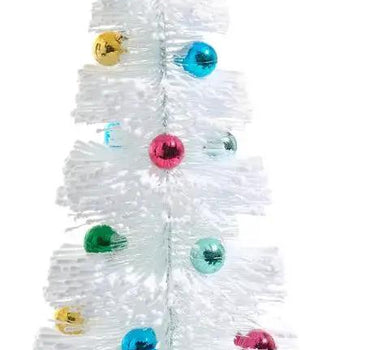 Raz bottle brush Christmas trees, white with multicolor ornaments; two trees, 13–16 in