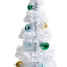 2-pack bottle brush Christmas trees with multicolor ornaments, white, 13-16 inches tall.