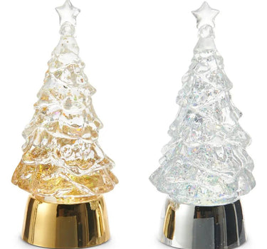 Lighted glitter water tree set, Raz, 2 Asst, 5in, clear glass trees with gold and silver bases