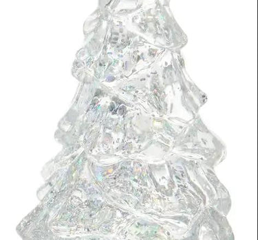 Lighted Glitter Water Tree snow globes, Raz brand, 2-pack, 5-inch tall, gold and silver bases.