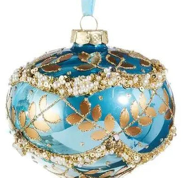 Ornament set: Raz gold-leaf wrapped blue iridescent holiday ornaments, 3 assorted 4–5.5 inches