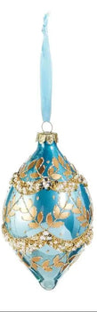 Raz ornament set: gold leaf wrapped blue iridescent ornaments with beaded trim, 3 pcs, 4–5.5 in