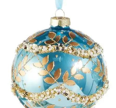 Gold Leaf Wrapped Blue Iridescent Ornament set of 3 by Raz, 4-5.5 in