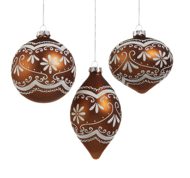 Ornate Gingerbread Ornament trio, 4-inch, brown with white icing scrollwork by Raz holiday ornaments