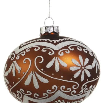 Ornate Gingerbread Ornament trio, 4-inch brown baubles with white icing patterns, Raz brand