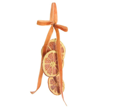 Iced Orange Slice Ornament by Raz, 5.5-inch hanging decoration with dried orange slices and orange ribbon