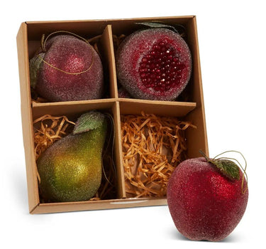 Box of Raz sugared fruit ornaments, 4.5-inch; four glittery red and pear-shaped pieces in a divided gift box.