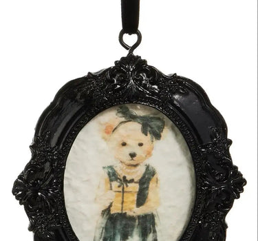 Beary Elegant Framed Ornament, black ornate oval frame with bear illustration, hangs by black ribbon, 6 inches