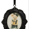 Beary Elegant Framed Ornament, black ornate oval frame with bear illustration, hangs by black ribbon, 6 inches