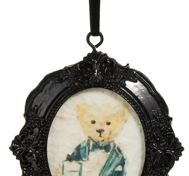 Beary Elegant Framed Ornament by Raz in a black ornate frame with a watercolor bear in teal attire