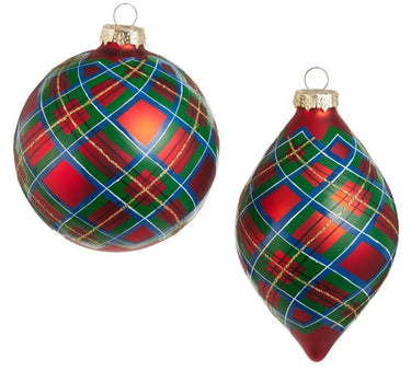 Plaid Ornament pair, 4–5 in; round ball and teardrop shapes in red-green-blue plaid with gold glitter and caps