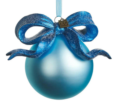 Blue Bow Ball Ornament 5.5 in by Raz, blue ornament with glittery ribbon bow