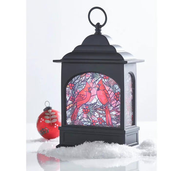 Cardinal Stained-Glass Lighted Water Lantern 11in, Raz brand, black metal with colorful cardinal panels