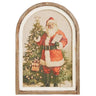 Checking It Twice Santa Wall Art 14 by 19.75 inches, rustic arched wooden frame with Santa beside a Christmas tree.
