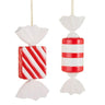 Candy ornament set by Raz, two large red-and-white holiday ornaments with white wrappers