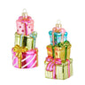 Stacked Packages Ornament pair by Raz, 4.5 in tall, shiny multicolor foil gift boxes with gold bows