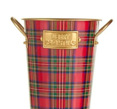 Buckets in red plaid Christmas pattern, set of 2 with gold rims and handles, featuring Merry Christmas plaques