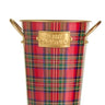 Buckets in red plaid Christmas pattern, set of 2 with gold rims and handles, featuring Merry Christmas plaques