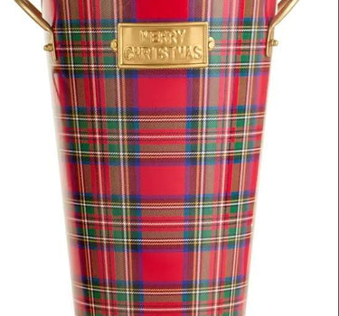 Two plaid metal buckets in red green and gold, two sizes, with gold rims and handles and a Merry Christmas plaque.