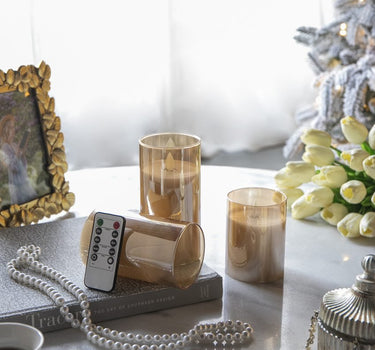 Set of 3 Amber Real Flame-Effect LED Wax Candles 4", 5", 6"