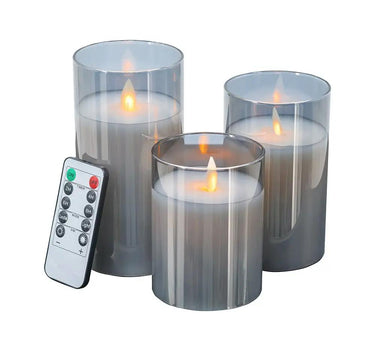 A&B Set of 3 Grey Real Flame-Effect LED Wax Candle 4", 5", 6" - Flameless Candles Candles/Fragrance