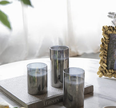 Set of 3 Grey Real Flame-Effect LED Wax Candle 4", 5", 6"