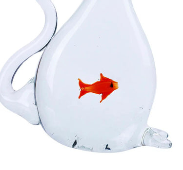 Glass Cat with Fish Figurine 6.5"H